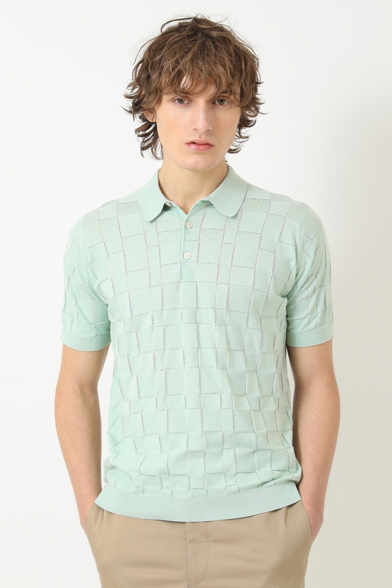 JOHN SMEDLEY FOR DAKSコットン アイレットチェック襟付き半袖ニット 詳細画像 グリーン