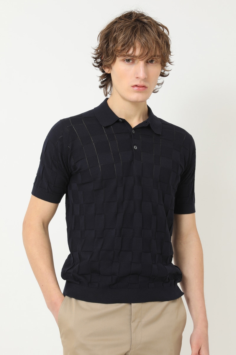 JOHN SMEDLEY FOR DAKSコットン アイレットチェック襟付き半袖ニット 詳細画像 ネイビー