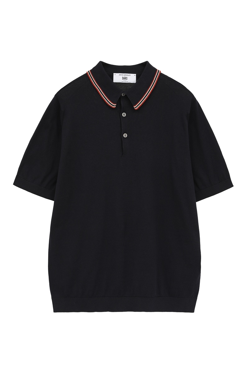 JOHN SMEDLEY FOR DAKSコットン 配色ライン半袖ポロニット 詳細画像 ネイビー