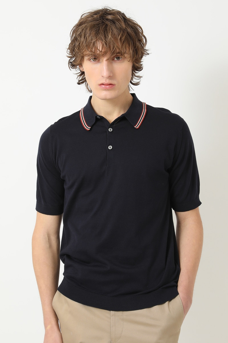 JOHN SMEDLEY FOR DAKSコットン 配色ライン半袖ポロニット 詳細画像 ネイビー