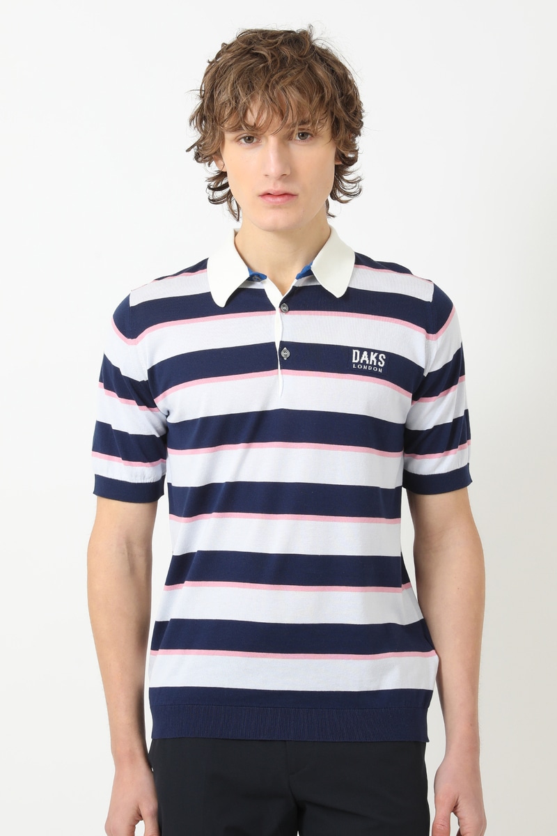 JOHN SMEDLEY FOR DAKSコットン ロゴ刺繍ボーダー半袖ポロニット 詳細画像 サックスブルー