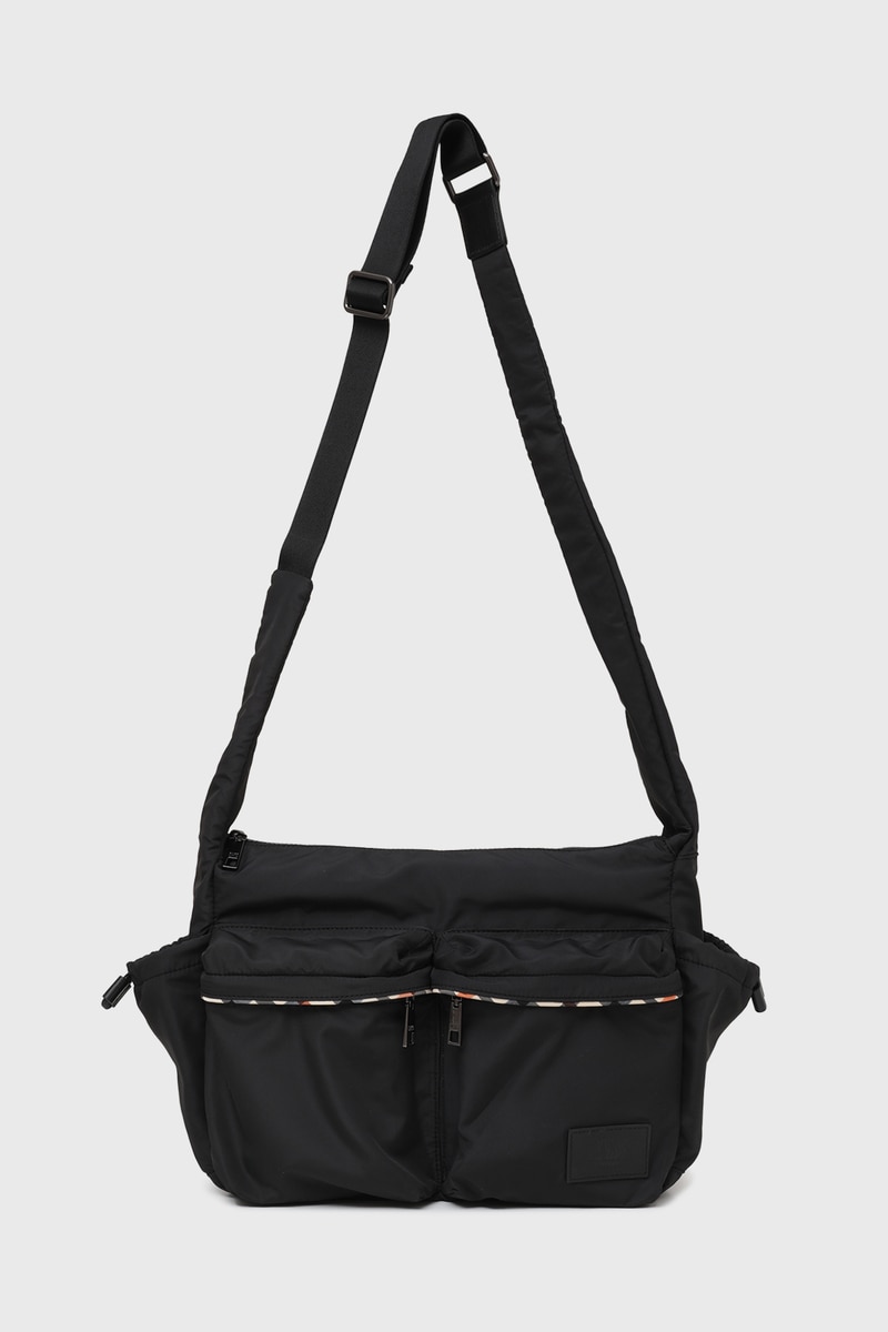 JS ナイロン×牛革 ハウスチェックディテール フラップショルダーバッグ