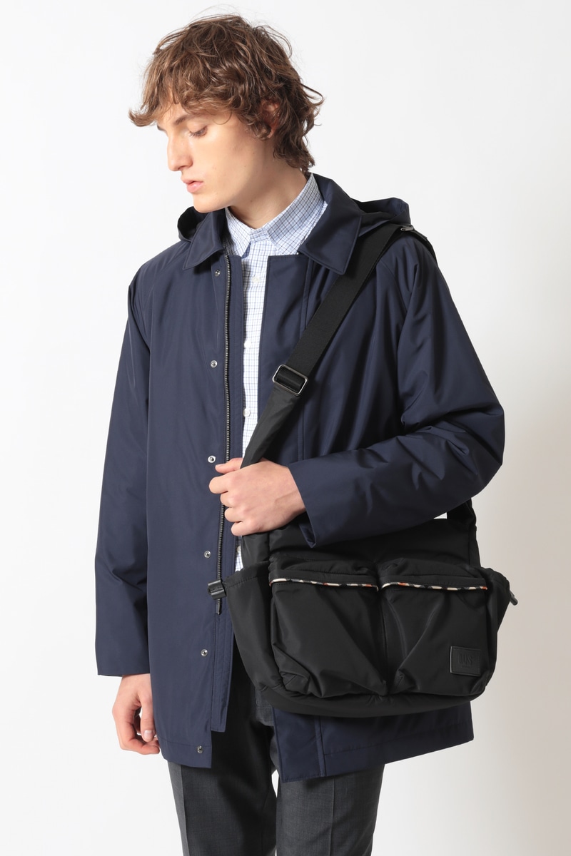 ナイロン&times;牛革 ハウスチェックディテール フラップショルダーバッグ 詳細画像 ブラック