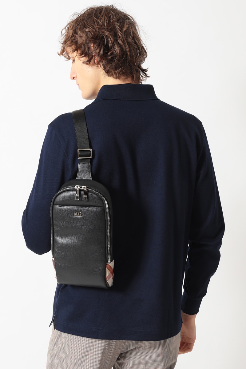 レザー&times;ハウスチェックディテール フラップショルダーバッグ 詳細画像 ブラック